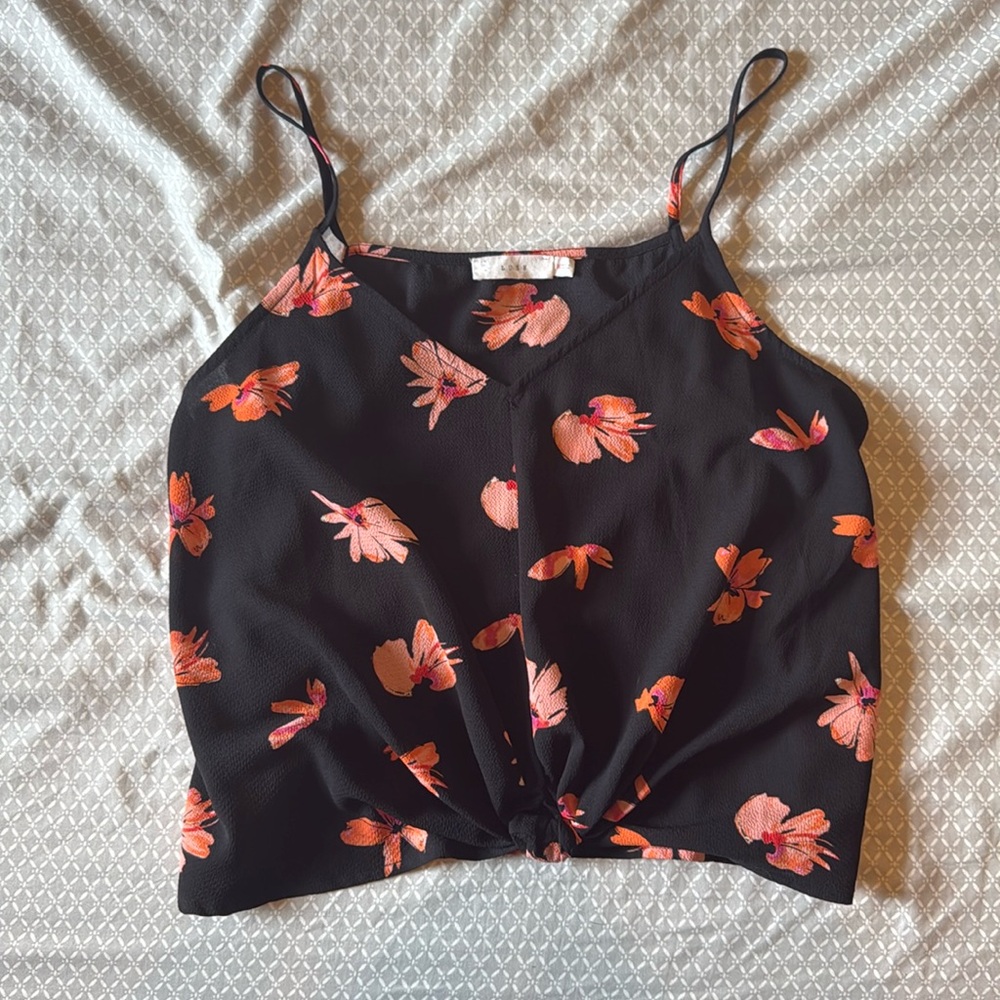 Lush Black Floral Knot-Front Tank Top